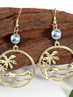 Palm Tree Earrings Tropical Island Beach Jewelry Gold Circle Dangle Earrings
